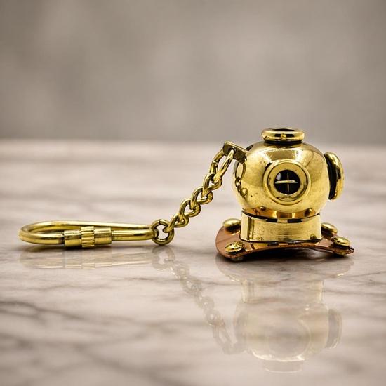 Brass Diving Helmet Keychain: Nautical Steampunk Mini Charm, Handmade Key Ring