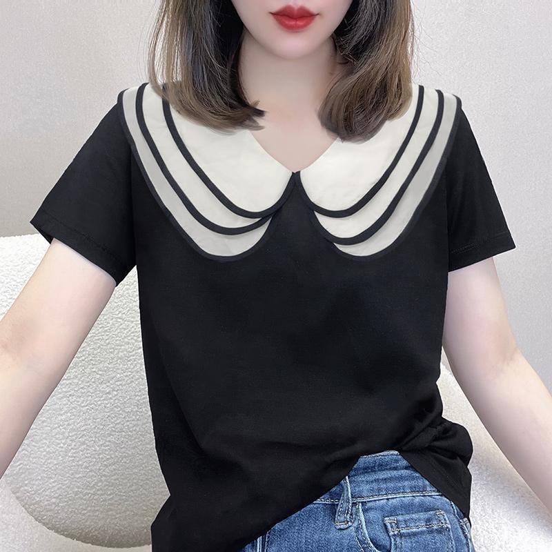 

European Station Contrast Color Cool All-Match T-shirt Summer Short-Sleeved Black M