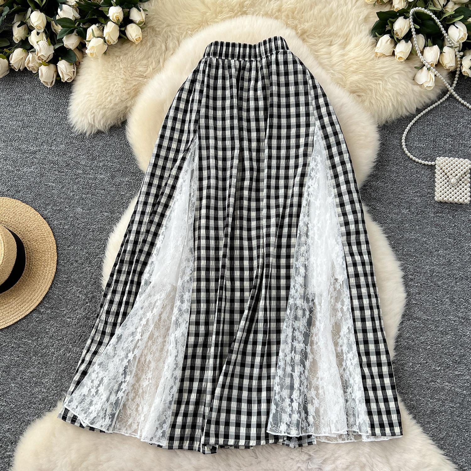 

DIMANAF 2025 летние женские юбки клетчатые винтажные эластичные синие плиссированные элегантные длинные юбки новые кружевные с высокой талией One Size