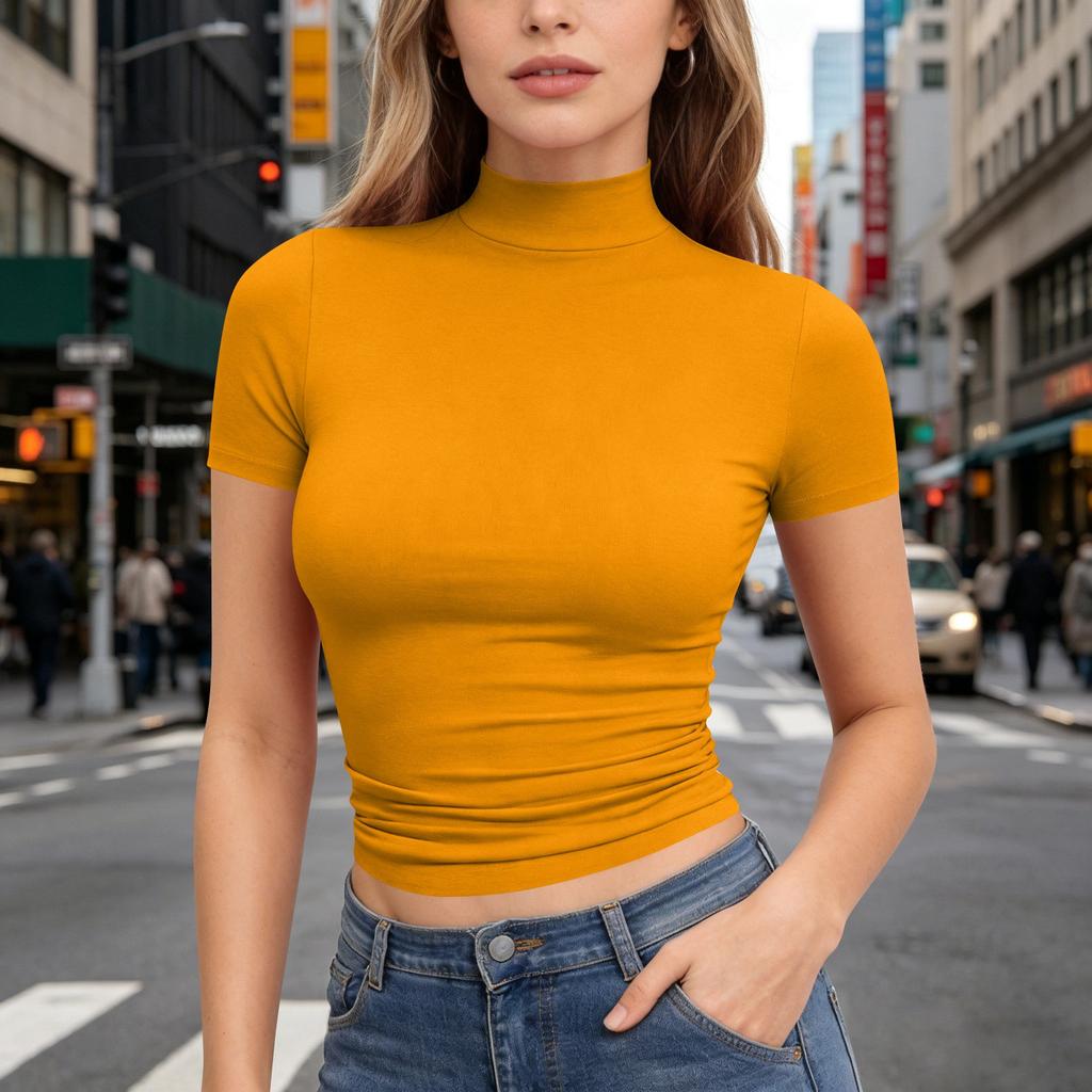 Dames T-shirt met korte mouwen, slank gesneden, met opstaande kraag, rekbaar, lichtgewicht, ademend, basic top voor dagelijks gebruik
