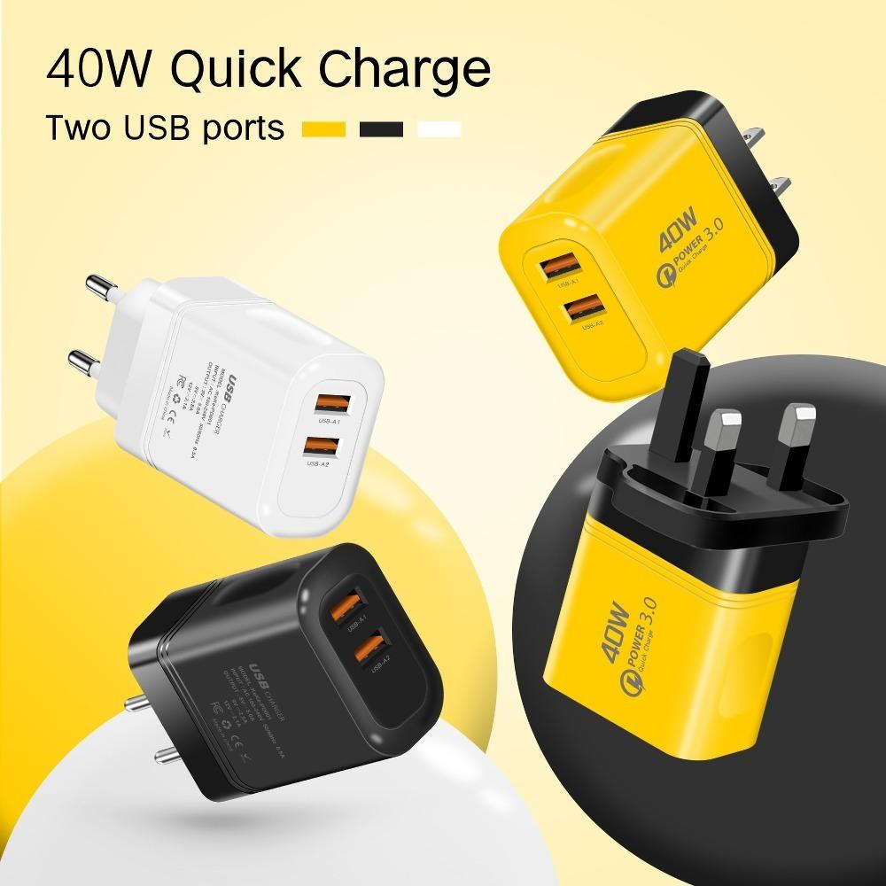 EU/US/UK 40W Charger Plug 2USB Quick Charge Adapter for iPhone/Xiaomi/Samsung