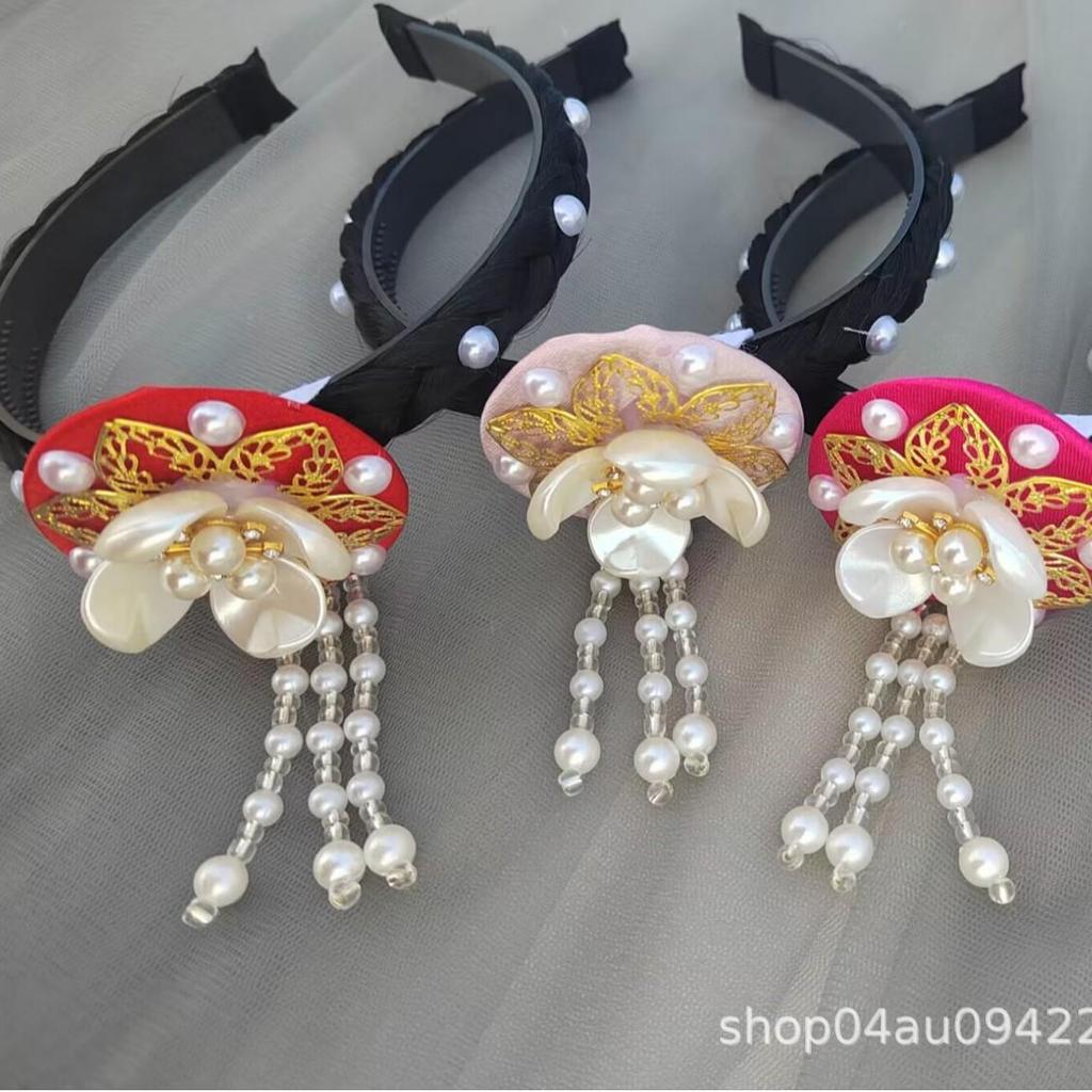 Korean Traditional Dance Hairband for Children: Ethnic Cute Round Hanbok Headdress with Pearls