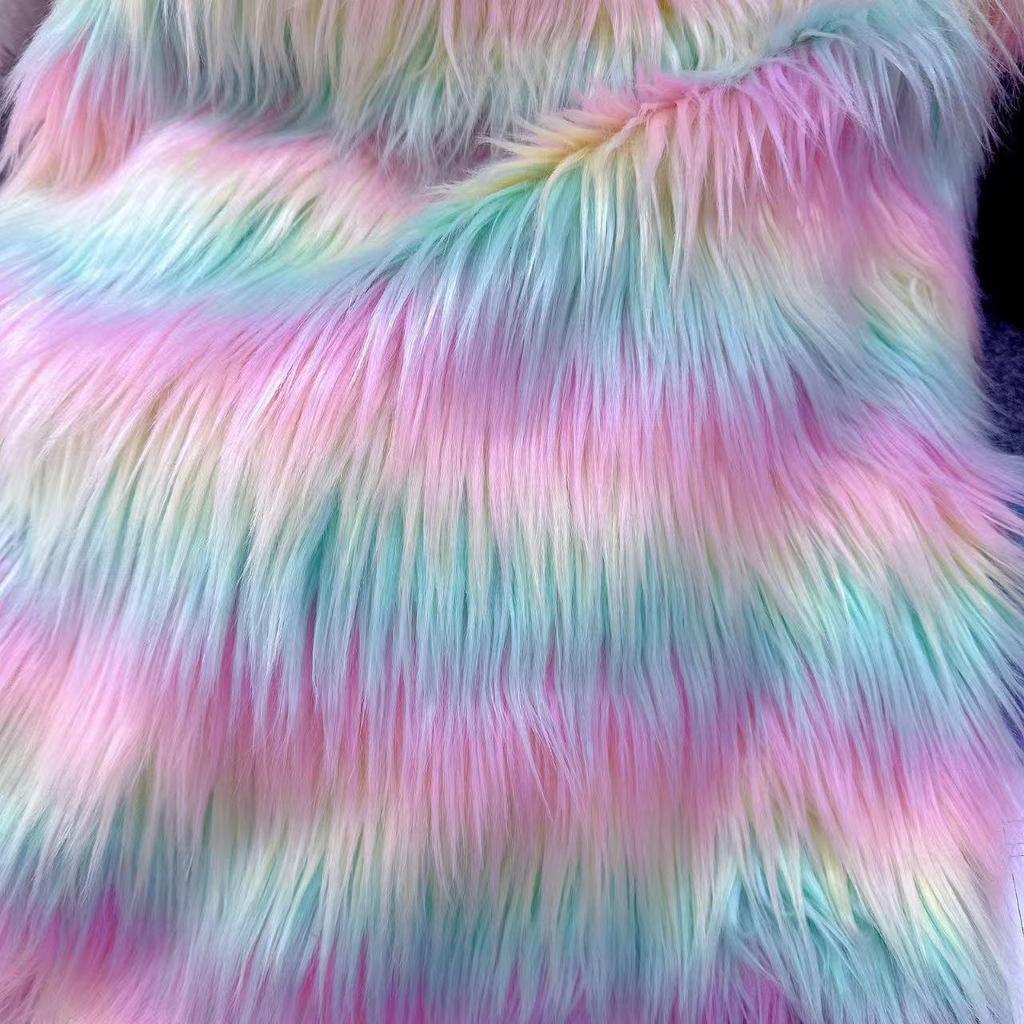 Gradient Five-Color Jacquard Faux Fur Tencel Fabric with Flocked Long Pile and Perforated Grid Design
