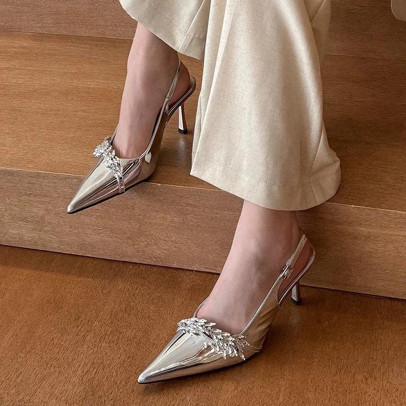 Mode 2025 Sommer Mode Kristall High Heels Pumps Damen Spitzschuh Dünner Absatz Party Schuhe Frau Lackleder Schnallenriemen Sandalen