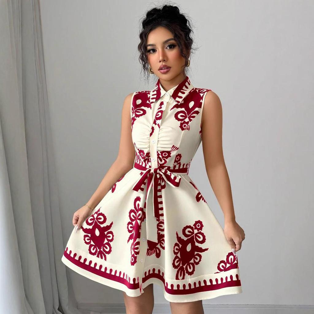 European & American Women's Summer 2025 Sleeveless Lace-up Waist-cinching Printed Dress