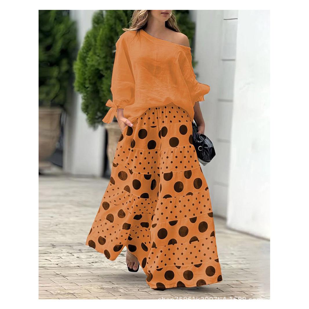 

Fashion High Street Outfits 2 Piece Set Sexy Diagonal Neck Solid Blouse + Wide Leg Pants Sets Elegant Polka Dot Print Women Suit XS