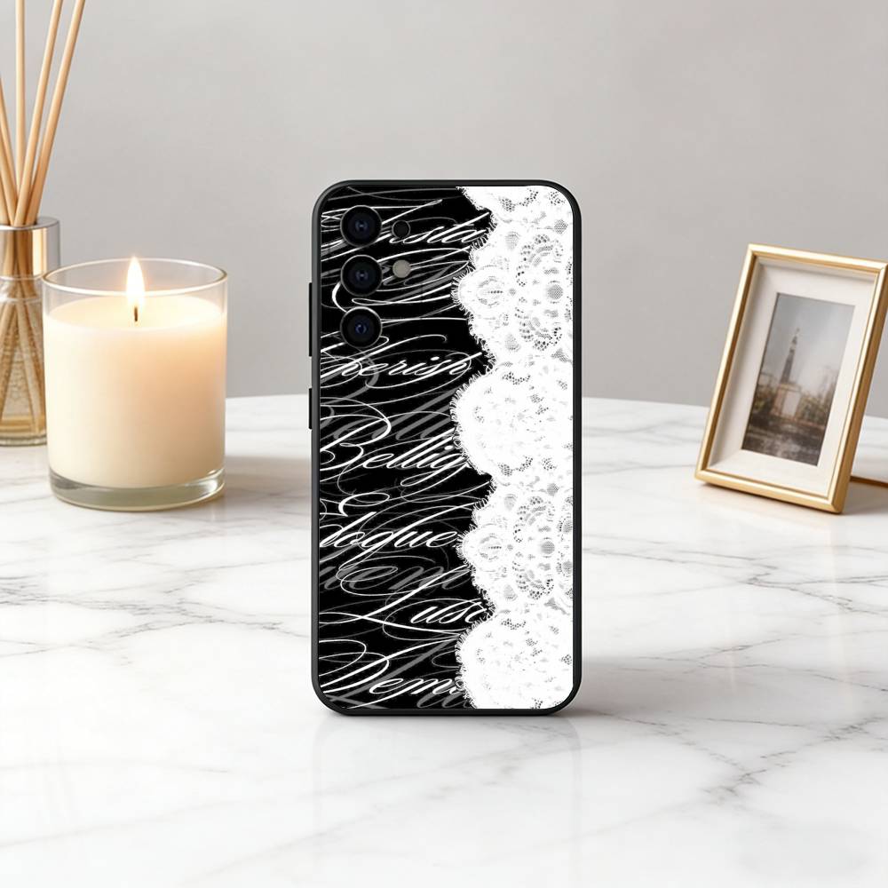 Beautful Black L-lace Print Phone Case For Samsung S25,S24,S21,S22,S23,S30,Ultra,S20,Plus,Fe,Lite,Note,10,Black Cover