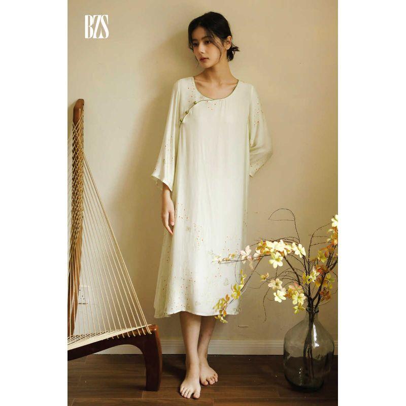 2024 Rayon Satin Plain and Elegant Print New Chinese Style Women's Long Sleeves Home Wear Can Be Outwear National Style Nightdress