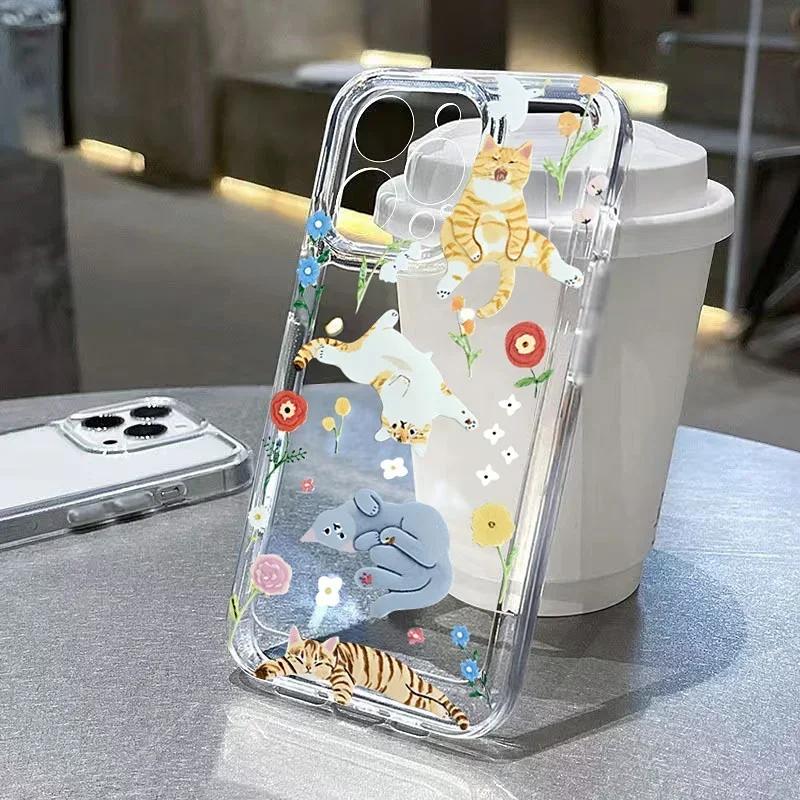 Graffiti Cartoon Dog Cat Phone Case For iPhone 15 Pro Max 14 12 13 11 16 16e Case X XR XS 7 8 Plus SE 3 Transparent Soft Cover