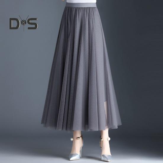 Women Midi Skirt Elastic High Waist Long Skirt with Solid Mesh Hem Solid Color A-Line Skirt Daily Wear