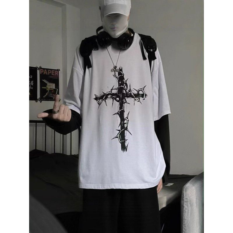 

Autumn New Trendy Ins Dark Hip-Hop Cross Print Loose Oversized Fake Two-Piece Long-Sleeve T-Shirt Unisex Top White Cross Long Sleeves S