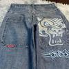 Pantaloni di Jeans da Uomo Oversize a Gamba Dritta con Stampa Grafica Vita Media Vestibilità Larga Streetwear Abbigliamento Casual