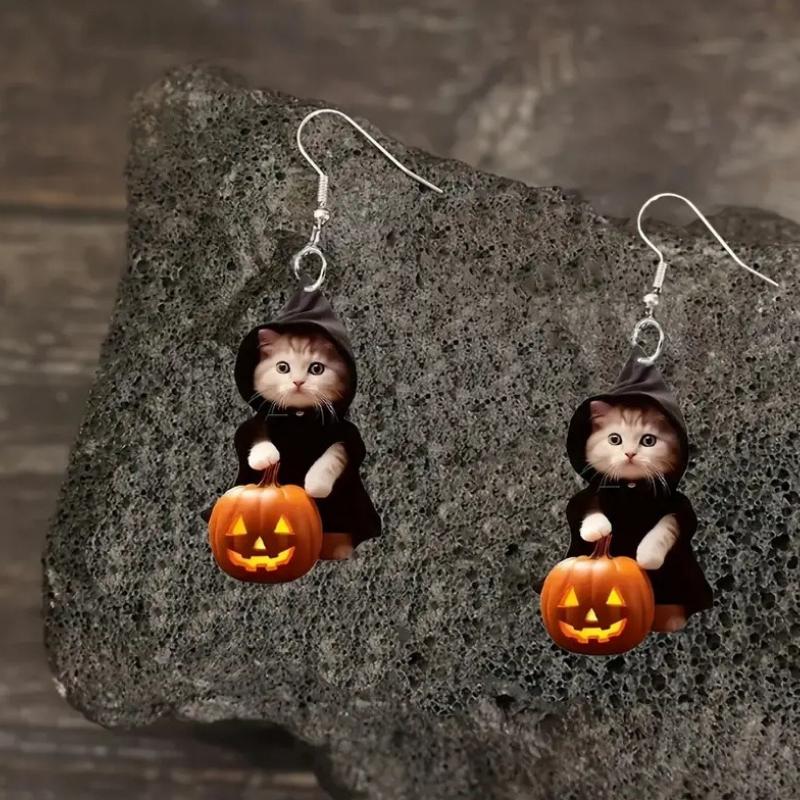 1 Pair Cat Portable Pumpkin Earrings Acrylic Flat Creative Halloween Funny Ghost Kids Earrings