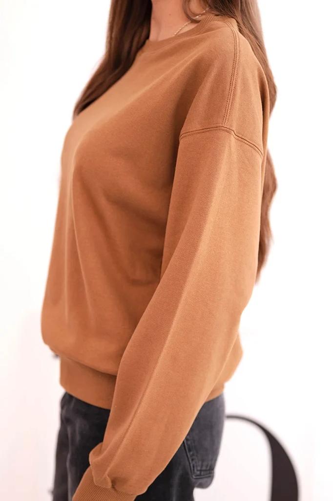 Bluza Damska Pętelkowa Bawełniana Basic Z Okrągłym Dekoltem Camelowa L