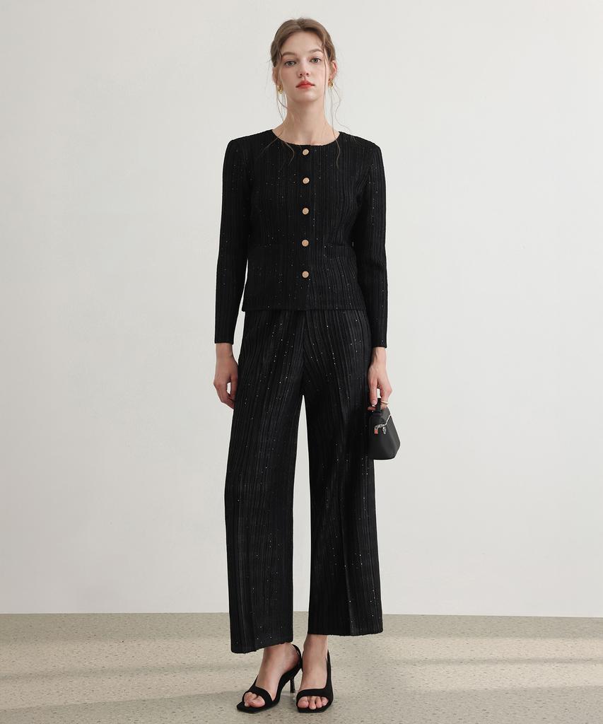 PLEATSMOOD Tweed Pleated Pintuck Elastic Pants