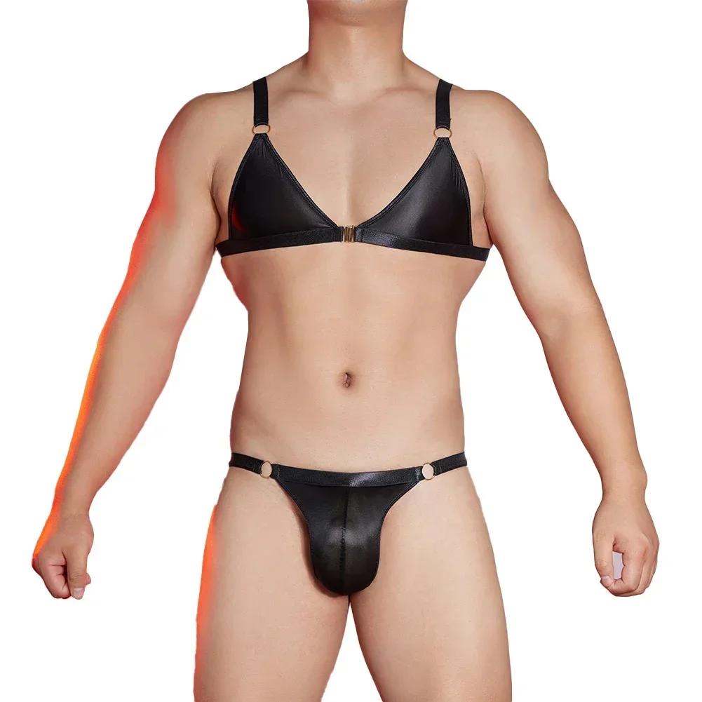 2pcs Men's Sissy Oil Glossy Bra Panties Set Underwear Briefs Thongs T-back Man G-strings Backless Tank Tops