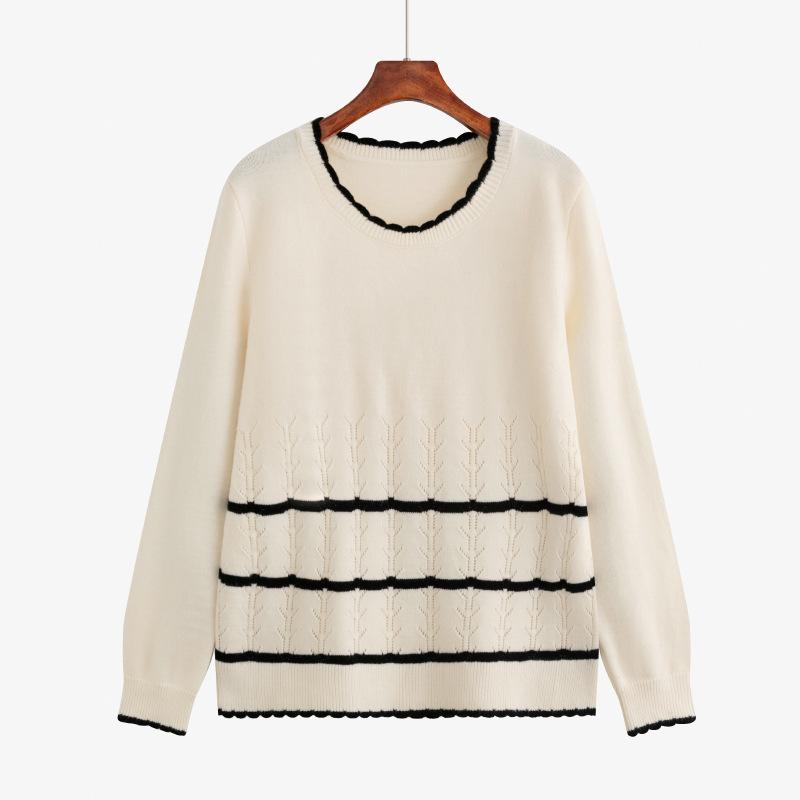 Women's Plus Size Round Collar Clashing Stripe Top Autumn and Winter Loose Casual Sweater Knitwear