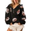 Hooded Sweatshirt for Women Half Zip Oversized Hoodies with Sequin Rugby Print Fall Casual Pullover Tops with Pockets