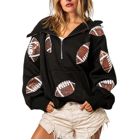 Hooded Sweatshirt for Women Half Zip Oversized Hoodies with Sequin Rugby Print Fall Casual Pullover Tops with Pockets