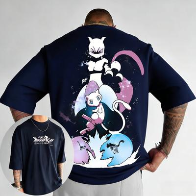 Pánské a dámské bavlněné tričko 2026 Léto Nové Pikachu Mewtwo Potisk Street Hip Hop Ležérní Volné Y2K Rodinný Top