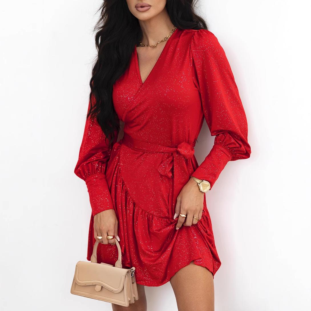 

Shiying Elegant Long Sleeve Short Dress - Autumn Solid Color Women s Clothing Bestseller. Large червоний