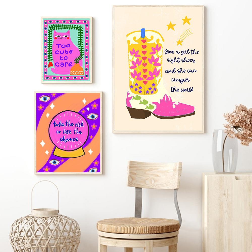 Abstract Cowboy Boots Colourful Poster Art Print Girls Gifts Pink Quote Wall Canvas Painting Cute Cat Living Room Home Decor