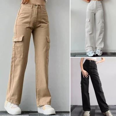 Women Cargo Pants Mid-rise Button Zipper Waist Casual Trousers with Multi Pockets Straight Leg Loose Fit Solid Color Long Pants