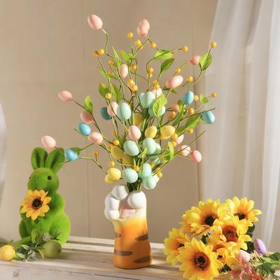 Artificial Easter Stem Fake Twig Branch with Pastel Eggs Green Leaves Spring Floral Picks for Floral