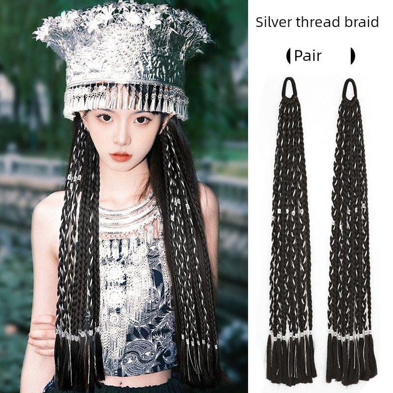 False Braids Children's Miao' S Ethnic Style Cable Stitch Long Braid Tibetan Style Color Small Braid Silver String Dreadlocks Pair Ponytail Wig