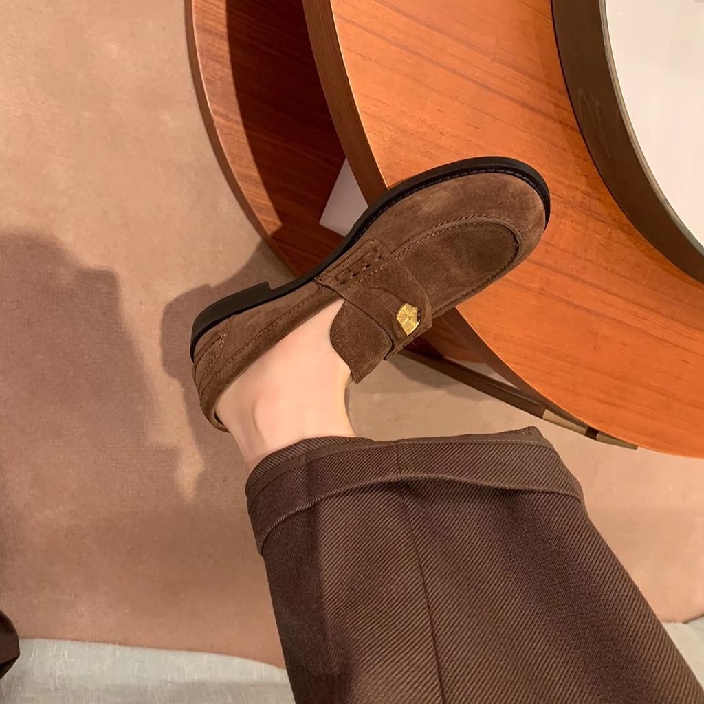 Su Yinyin's same style~ 2025 new horse skin retro polishing small gold coin thick heel loafers women's polishing process