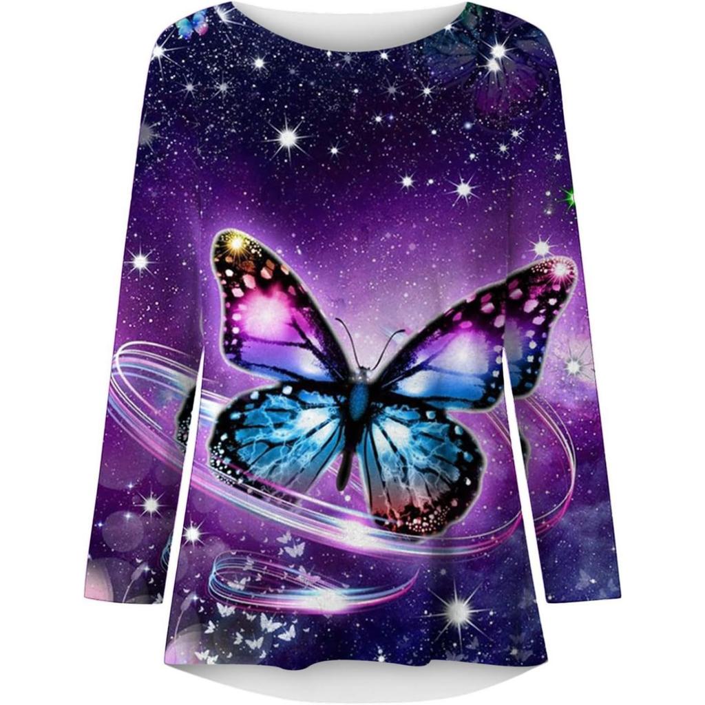Spring and Autumn Round Neck 3D Butterfly Pattern Printed Top Fashionable Casual Long Sleeved Women's T-shirts
