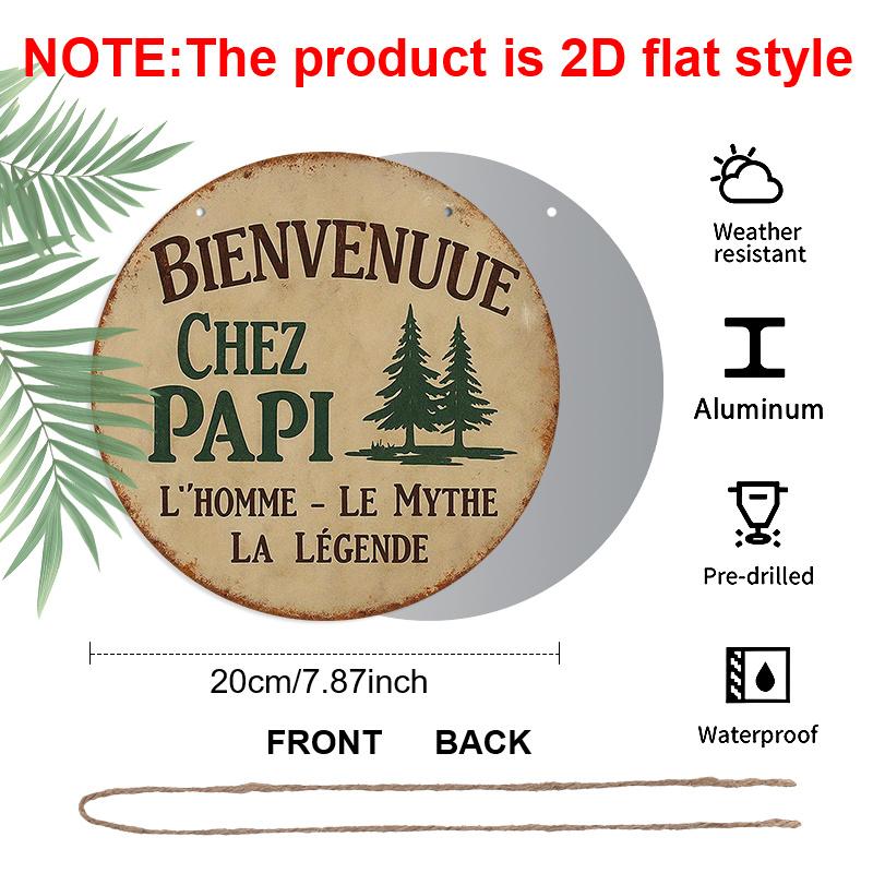 2D Flat, 1pc 7.87" Vintage Round Metal Aluminum Sign, French "Bienvenue Chez Papi" Quote with Pine Tree Design, Retro Rustic Wall Decor for Grandpa
