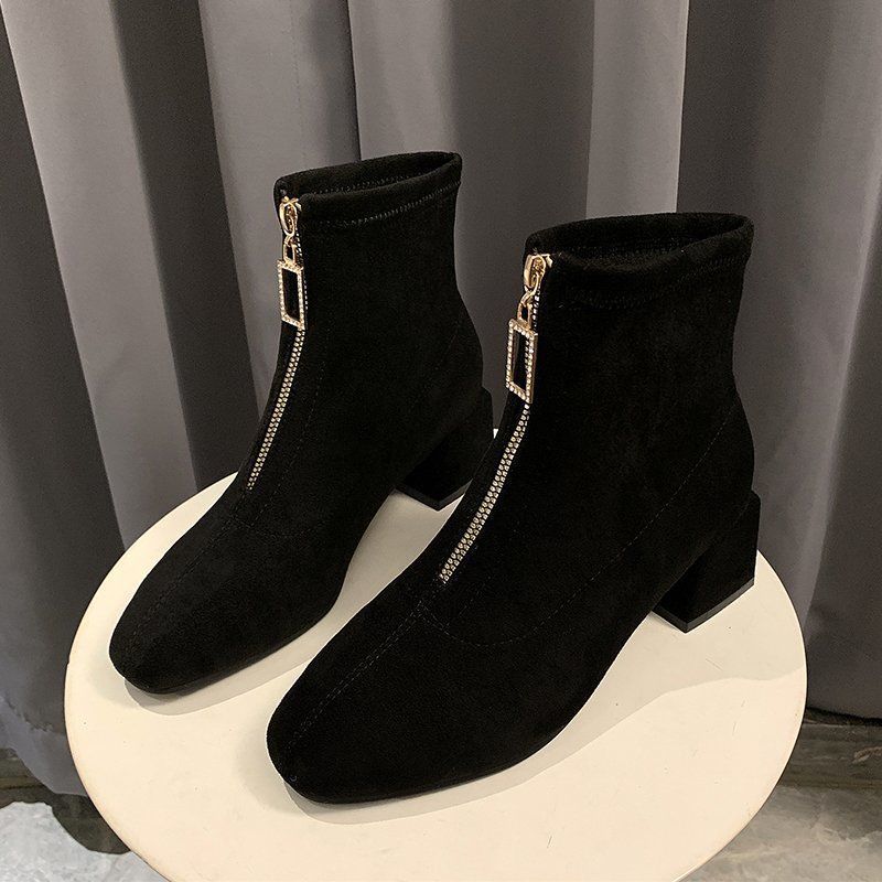 Autumn New Elastic Women's Short Boots Thick Heel Front Zipper Femme Shoes Square Toe Heel Black Suede Women's Botas Femininas