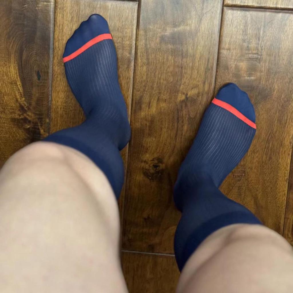 Zhou Men's Mid-Length Nylon Stockings with Red and Navy Stripes