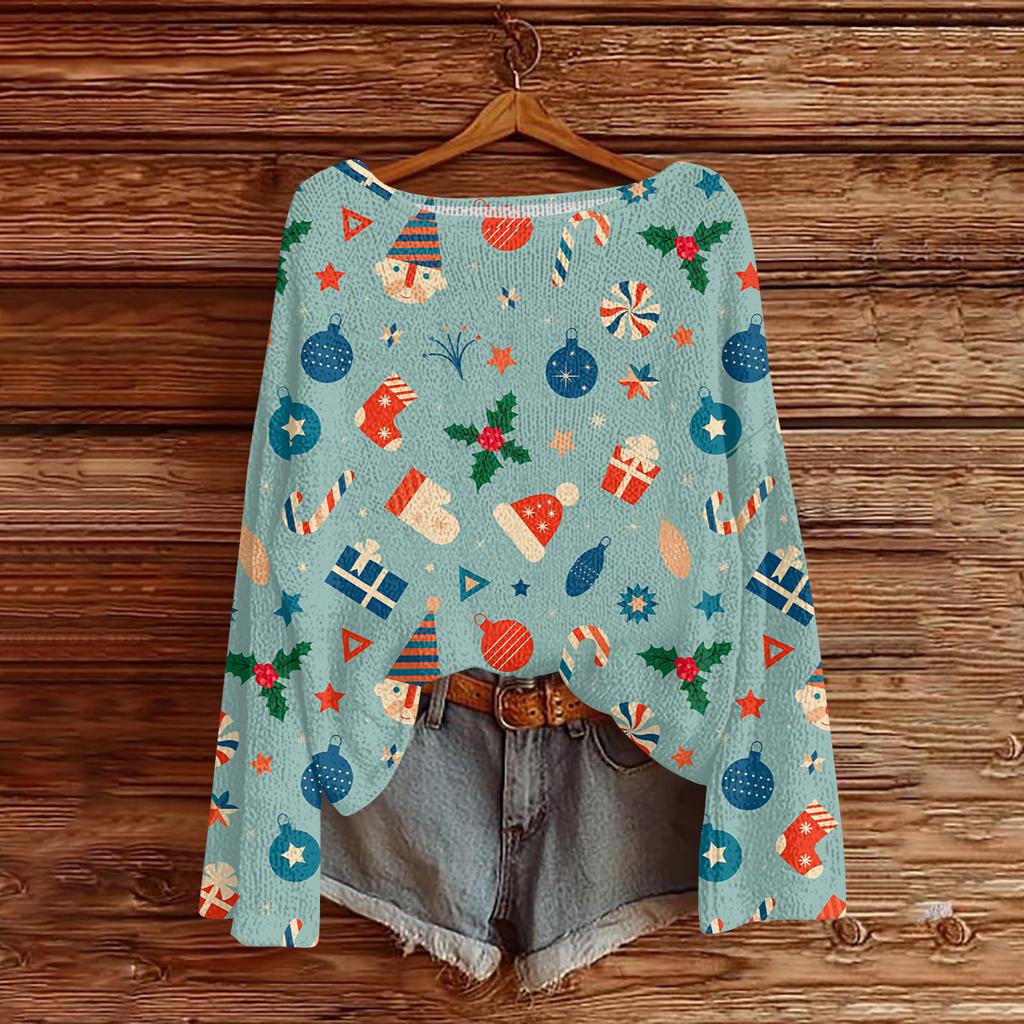 Damen Modische Oversized Strickware Langärmeliges Oberteil mit Weihnachtsdruck