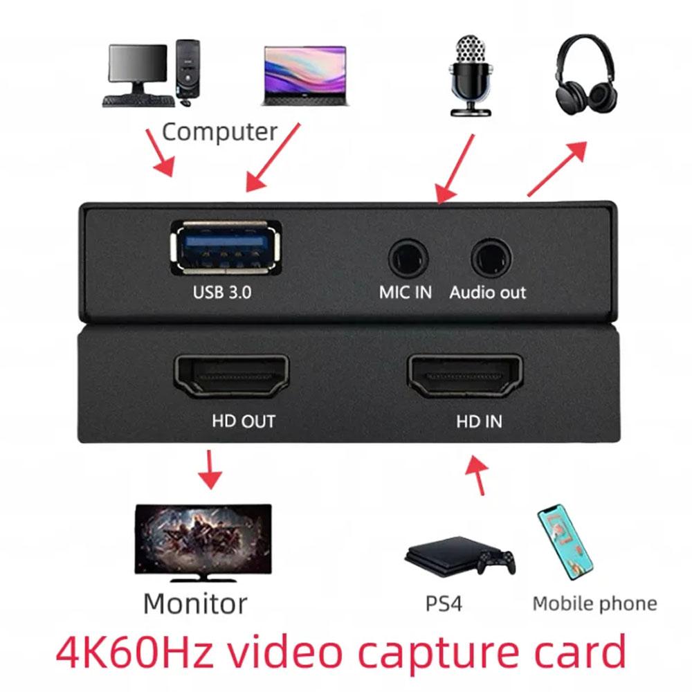 4K 60Hz USB3.0 HDMI-Compatible Video Capture Card Low Latency Live Streaming Game Recording PS4 Switch Xbox PC Laptop Camera