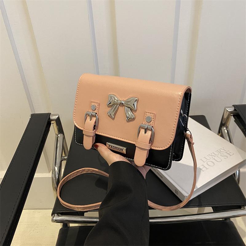 Korean Style Fashion Contrasting Color Postman Bag Women's New Style Bow Small Square Bag Versatile One Shoulder Crossbody Bag