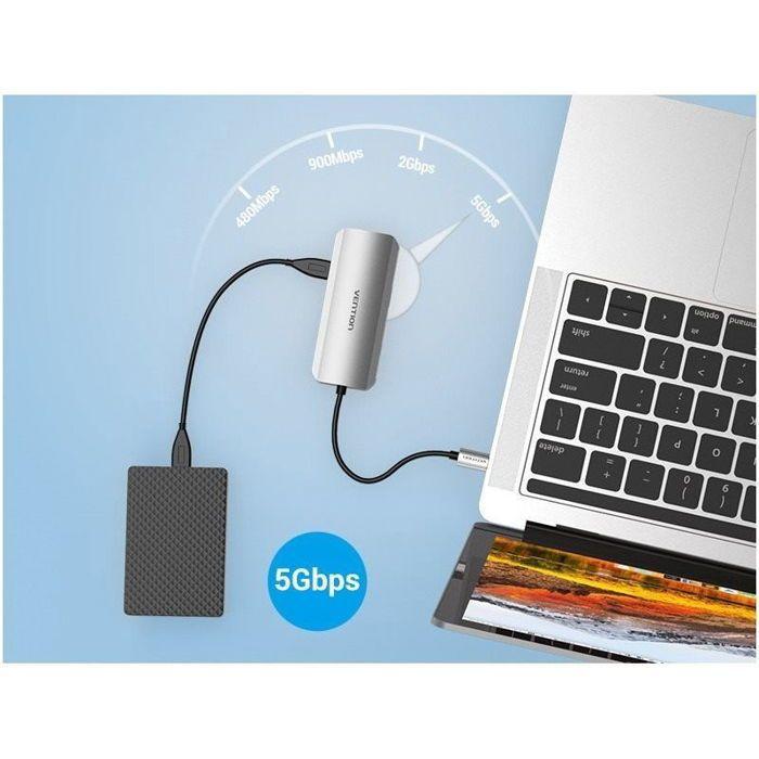 Station D'accueil - VENTION - 6-en-1 - USB-C Vers HDMI - 3x USB 3.0 - RJ45 - Aluminium
