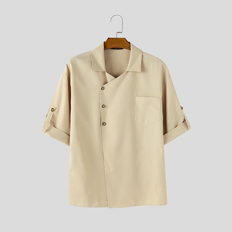 

INCERUN Oversized Men Lapel Neck Half Sleeve Oblique Placket Casual Loose Shirts XL хаки