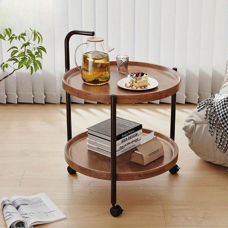 Versatile 2-Tier Rolling Side Table - Wood, Ideal for Living Room, Bedroom, Office Use