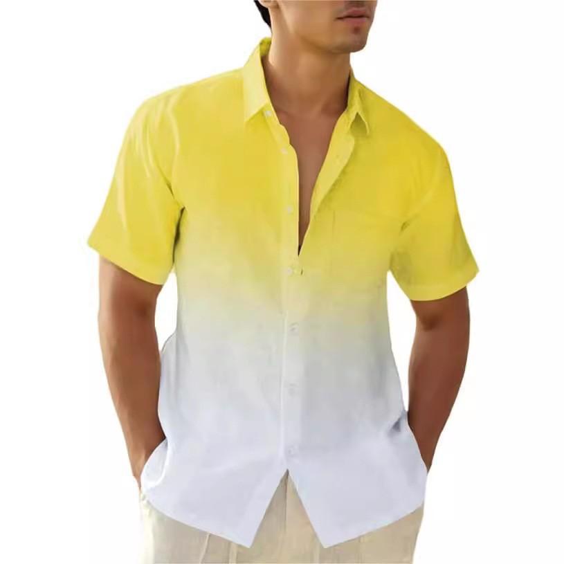 Herren Leinenhemden Farbverlauf Kurzarm Freizeithemden Button-Down-Hemd Strand Sommer Hochzeit Urlaubshemd für Männer