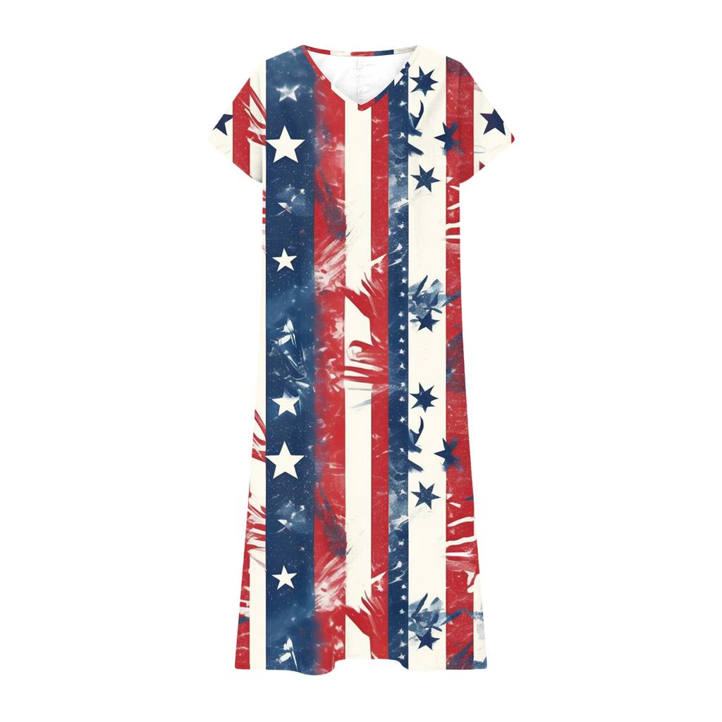 Women’s Short Sleeve V Neck Maxi Dress with Star Print Loose Fit Casual Summer Dress for Daily Wear and Outdoor Activities