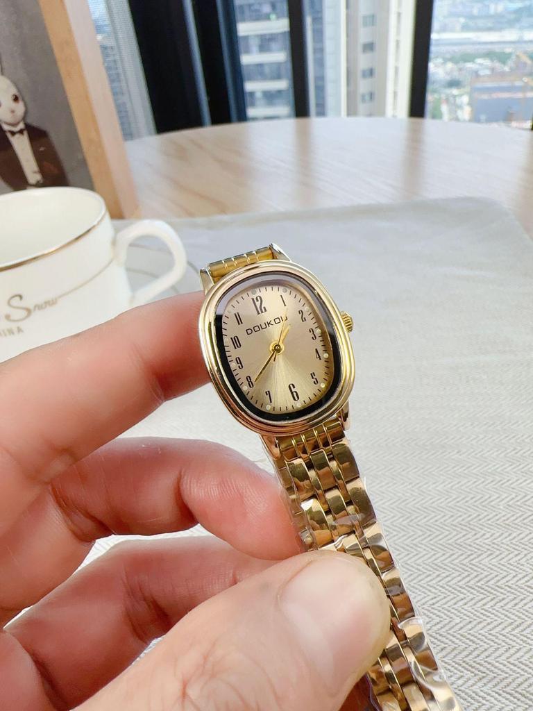 Women's Minimalist Quartz Watch with Elliptical Dial and Digital Markers, Steel Band, Small Wristwatch