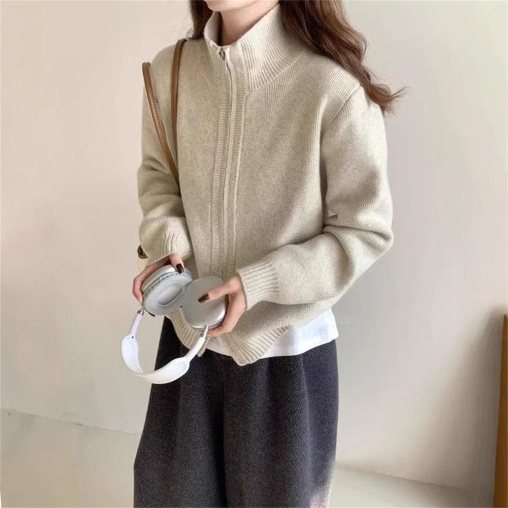 Korean Double-zipper Sweater Cardigan Jacket for Women, New Autumn and Winter Style, Laid-back Style, Soft and Loose Solid Color Knitted Sweater Top