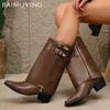 Pointed Toe Women Mid Calf Bootas Leather Chunky Retro Mid Heels Shoes 2025 Trend New Brand Designer Zipper Winter Botas Mujer