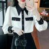 Women's Contrast Collar Heart Button Long Sleeve Blouse