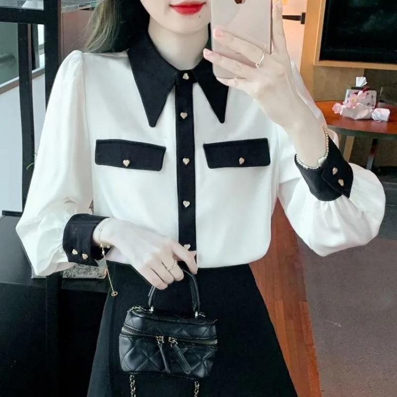 

Women s Contrast Collar Heart Button Long Sleeve Blouse M белый
