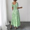 Women’s Floral Print Square Neck Maxi Dress Summer Smocked Waist Short Sleeve Casual Long Dress
