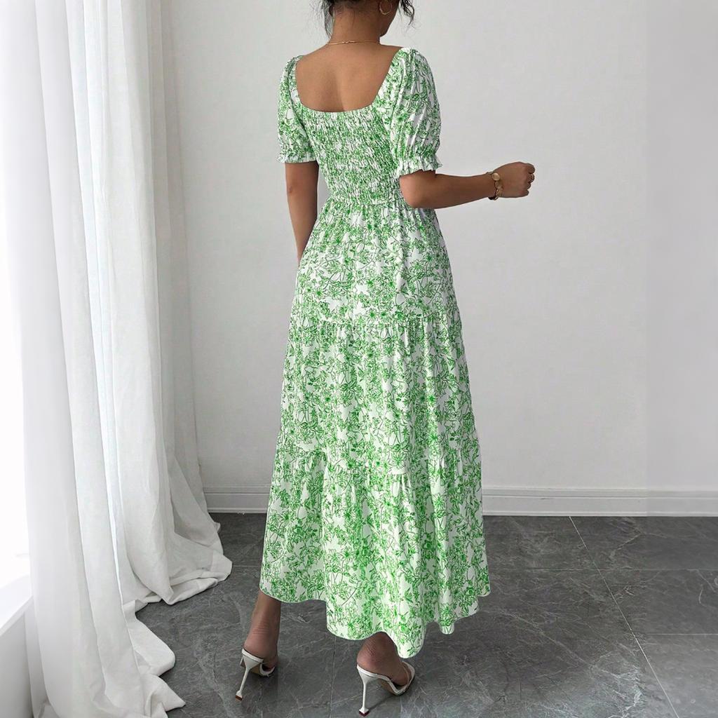 Women’s Floral Print Square Neck Maxi Dress Summer Smocked Waist Short Sleeve Casual Long Dress