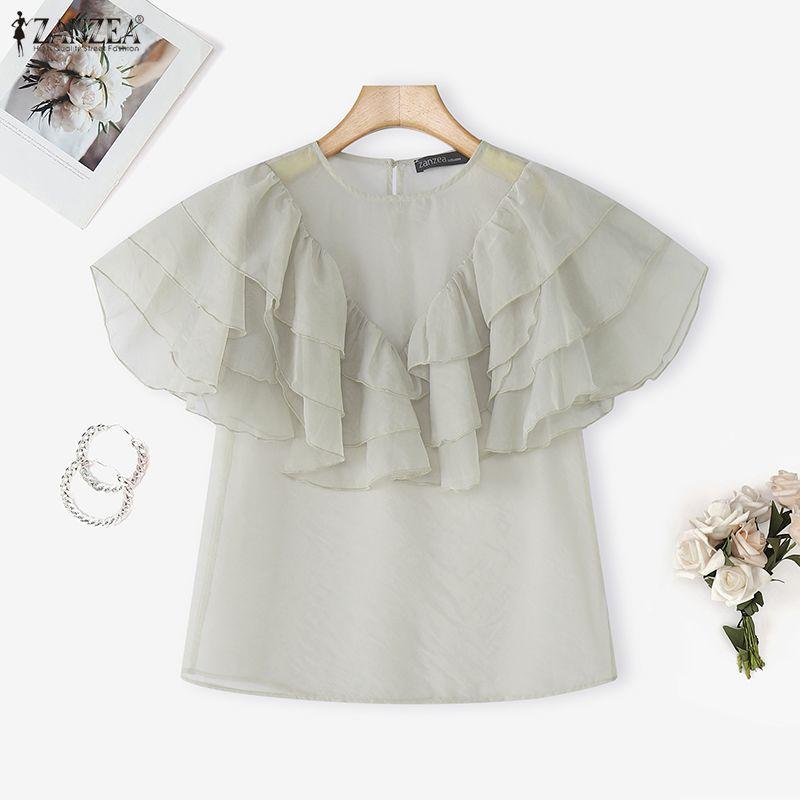 ZANZEA Damen Sommer Casual Kurzarm Durchsichtige Rüschen Überwurf Bluse